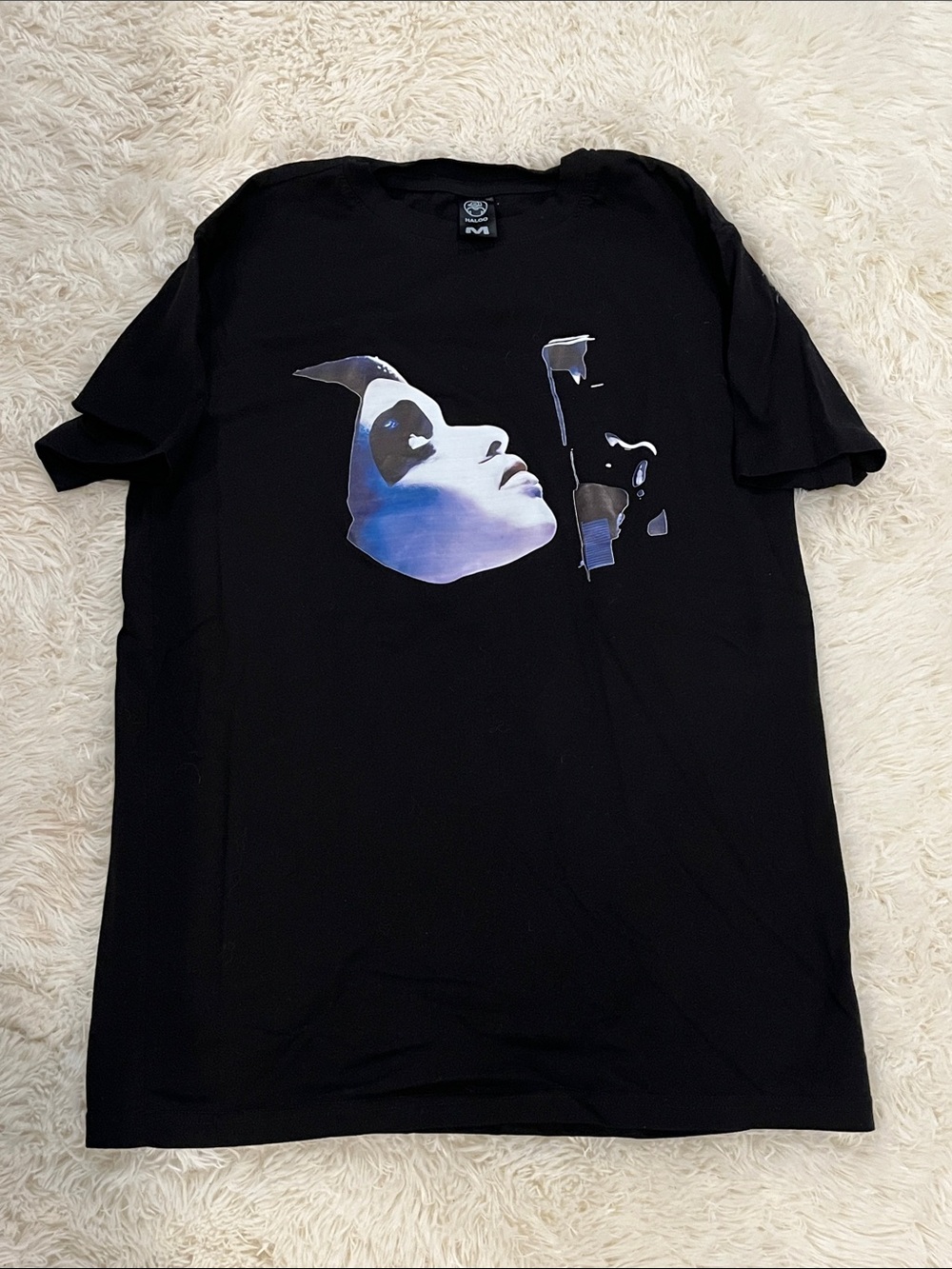 Men's Black Graphic Short-Sleeve Tee with Blue Face Print
